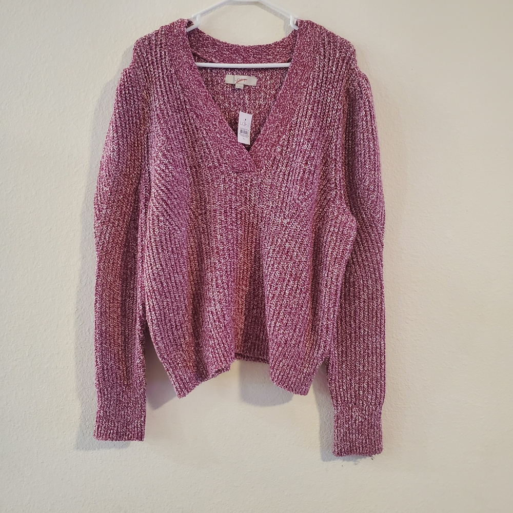 NWT LOFT V-Neck Long Sleeve Sweater Pink/White Size XL